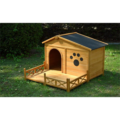 Niche pour chien 48 po en bois avec porche, chenil avec toit en asphalte résistant à l'eau et clôture, cage intérieure et extérieure pour chien avec empreinte de patte, moyenne, nature
