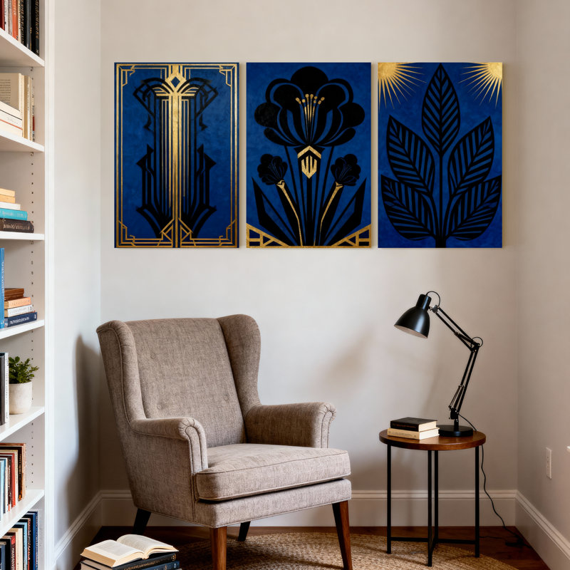 Abstrait art déco à motif floral avec accents dorés, ensemble de 3 impressions murales sur toile, H 18 po x l 36 po