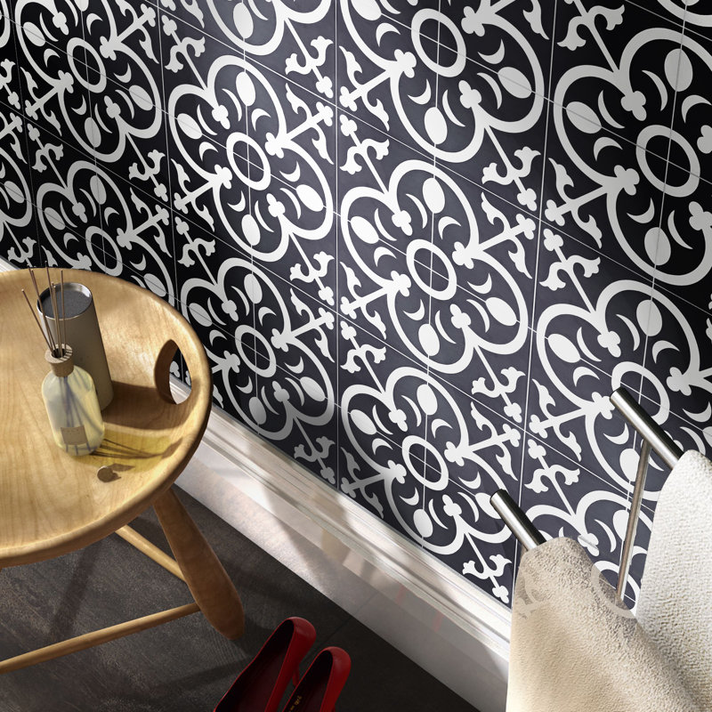 Carreau de ciment à motif de mur et de plancher 8 po x 8 po Nador, Noir / Blanc