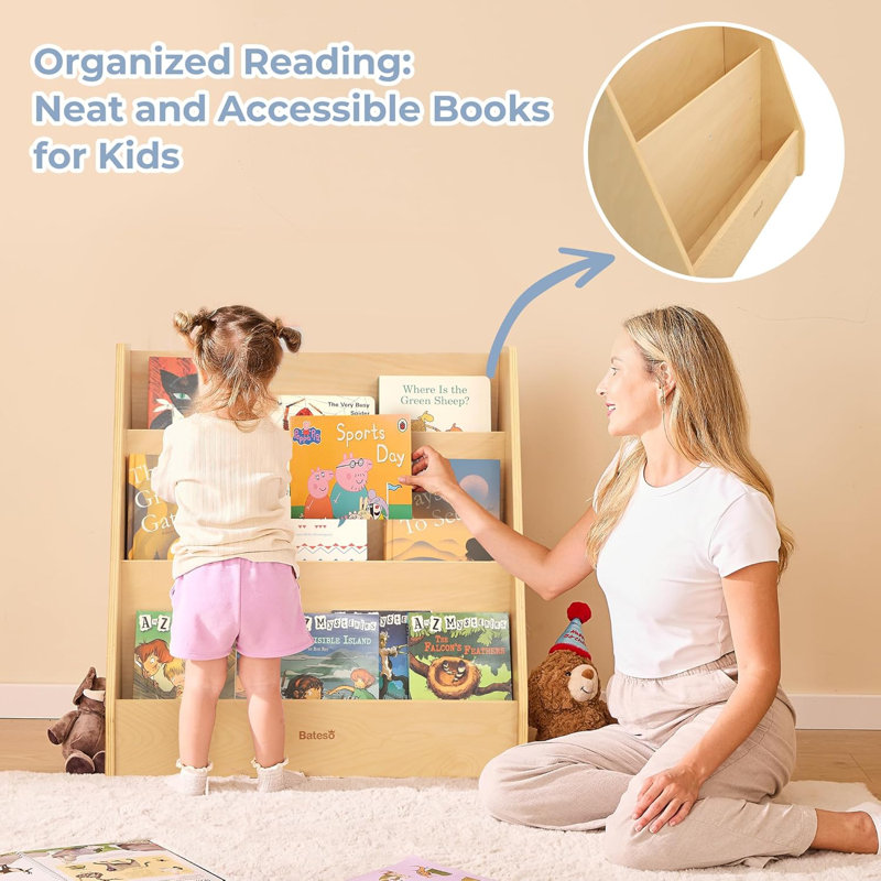 Medium Single-Sided Bookshelf, 3-Tier Kids Bookshelf With Storage, Premium Wood Book Shelf For Kids Rooms, Magazine And Book Storage Rack, Montessori Shelf For Classrooms, Playrooms, Nursery