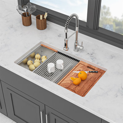 Quartz Kitchen Sink - 33" X 19" X 9.65" White Granite Composite Double Bowl Workstation Undermount Kitchen Sink