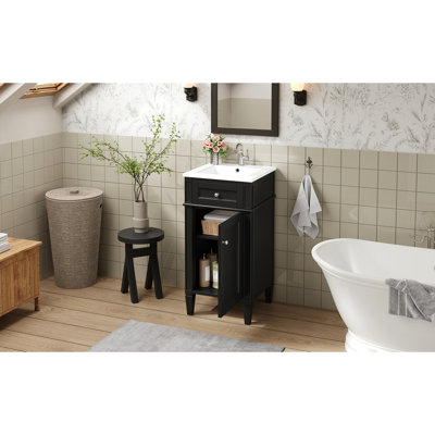 16 - Inch Black Bathroom Vanity In French Style, Single , Adjustable Storage Shelf, Exquisite Cabinet Design Inspired With Ceramic Sink, Soft Closing Door, Solid Wood Legs,