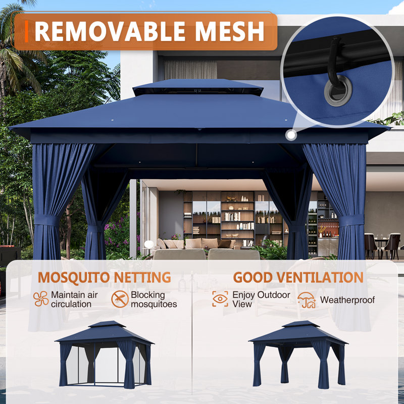 12 x 10 Ft Outdoor Gazebo With Double Roof, Patio Canopy With Mosquito Netting And Curtains, Suitable For Patios, Lawn And Backyard