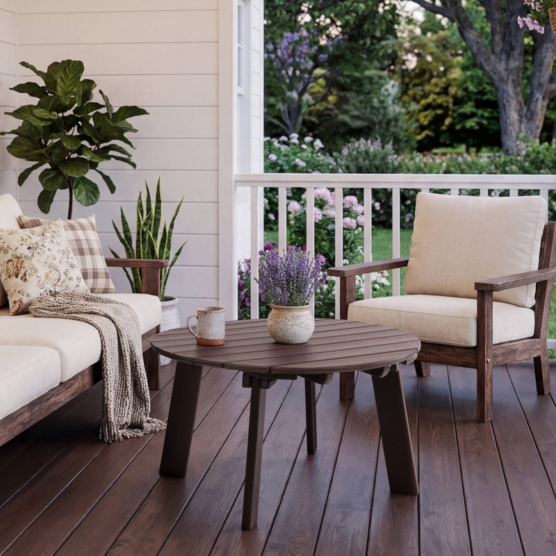HDPE Round Coffee Table With Slatted Top, Brown