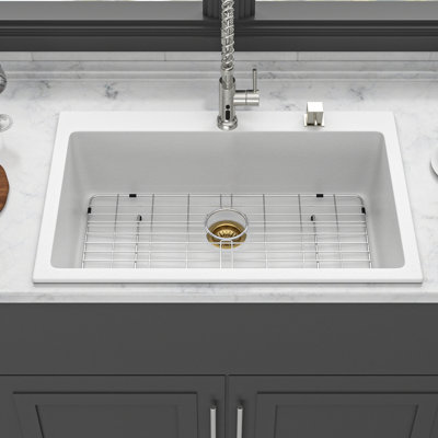33X22" High - End Drop In White Quartz Kitchen Sink, And Quiet, Non Porous Surface Keeps Clean, Rounded Corners For Quick Maintenance, Includes Basket Strainers Installation Guide Protects Kitchen,