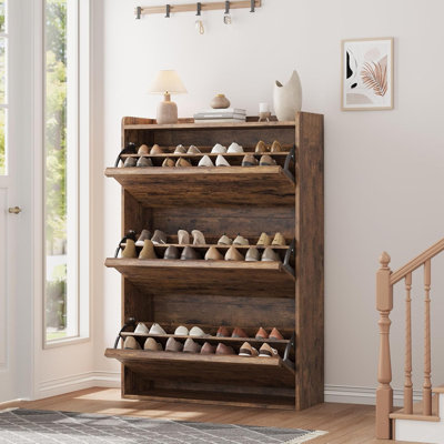 Range-chaussures autoportant en bois avec 3 tiroirs rabattables, unité de rangement étroite avec tablette réglable, rangement moderne pour le vestibule, le couloir et le salon, couleur rétro