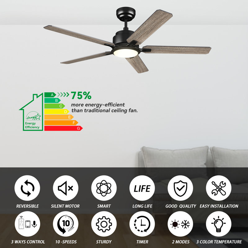 Essex Smart 5 - Blade LED Ceiling Fan with Remote Control Light Kit, Downrod, Gray Oak, 56"