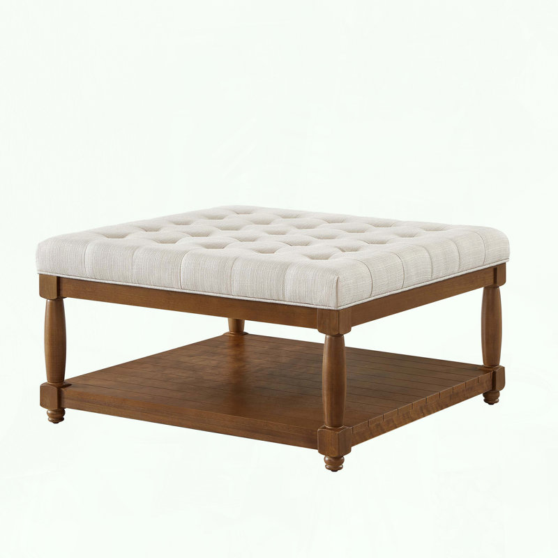 Large Square Ottoman with Solid Wood Shelf, Ivory