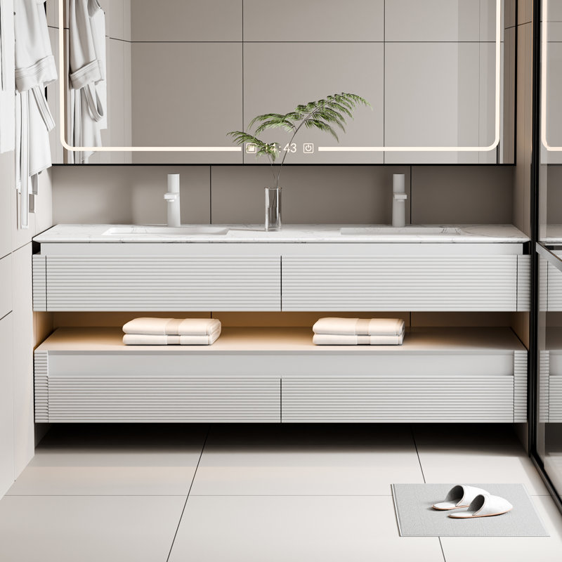 60'' Modern Solid Oak Floating Bathroom Vanity With Artificial Stone Countertop And LED Night Light, White