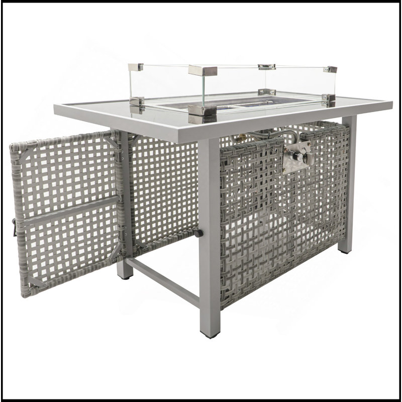 43" Propane Gas Fire Pit Table, 60000 BTU Rectangular Open Weave Wicker Fire Pit With Glass Wind Guard For Outside Patio Deck Garden Backyard