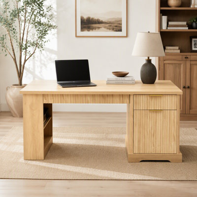 Bureau cannelé moderne avec armoire de rangement et tiroirs, bureau d'écriture pour ordinateur avec prise de courant, panneau perforé, tablettes intégrées et plateau à clavier pour bureau, salon, bureau à domicile