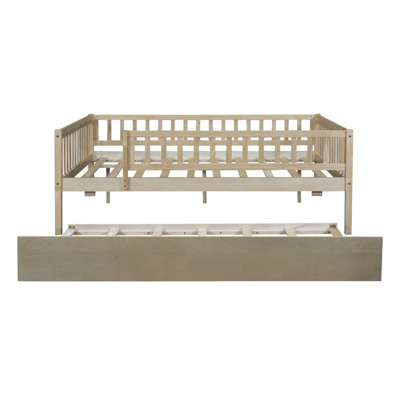 Wood Daybed With Trundle And Fence Guardrails, Natural, Full