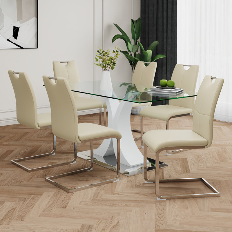 Table en verre de style moderne, design transparent élégant, base de support durable, ensemble de chaises de salle à manger jaune clair, pieds de chaise galvanisés, convient aux cuisines de restaurant (ensemble de 7)