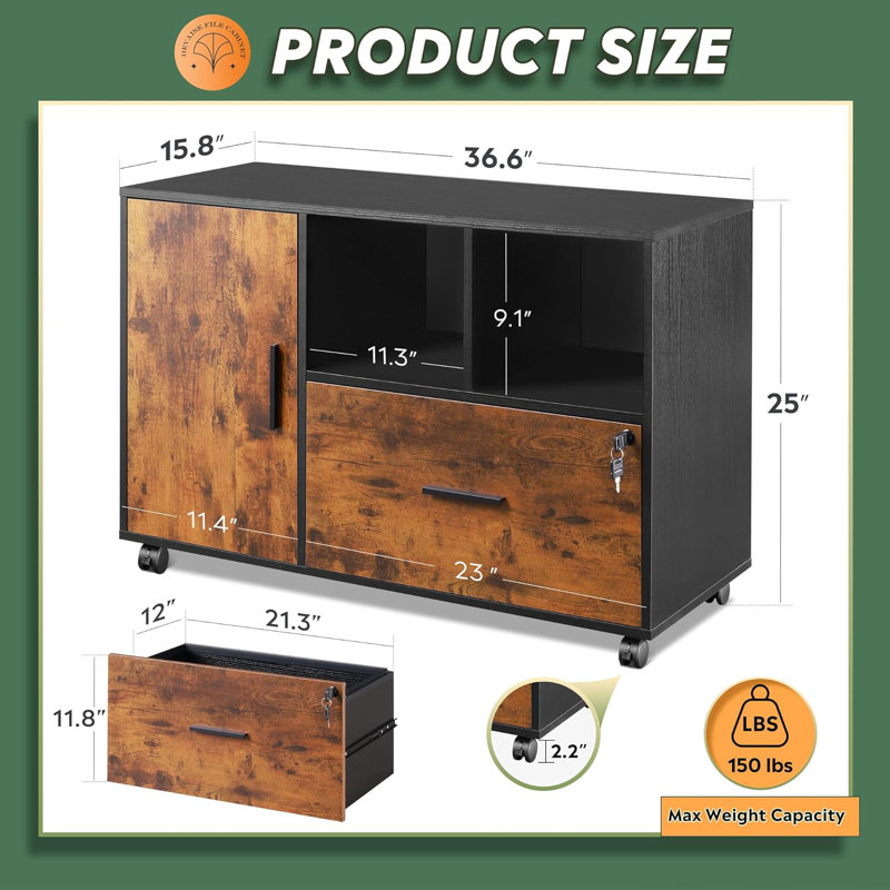 Lateral File Cabinet with Lock, 1-Drawer Rolling File Cabinets on Wheels for Home Office