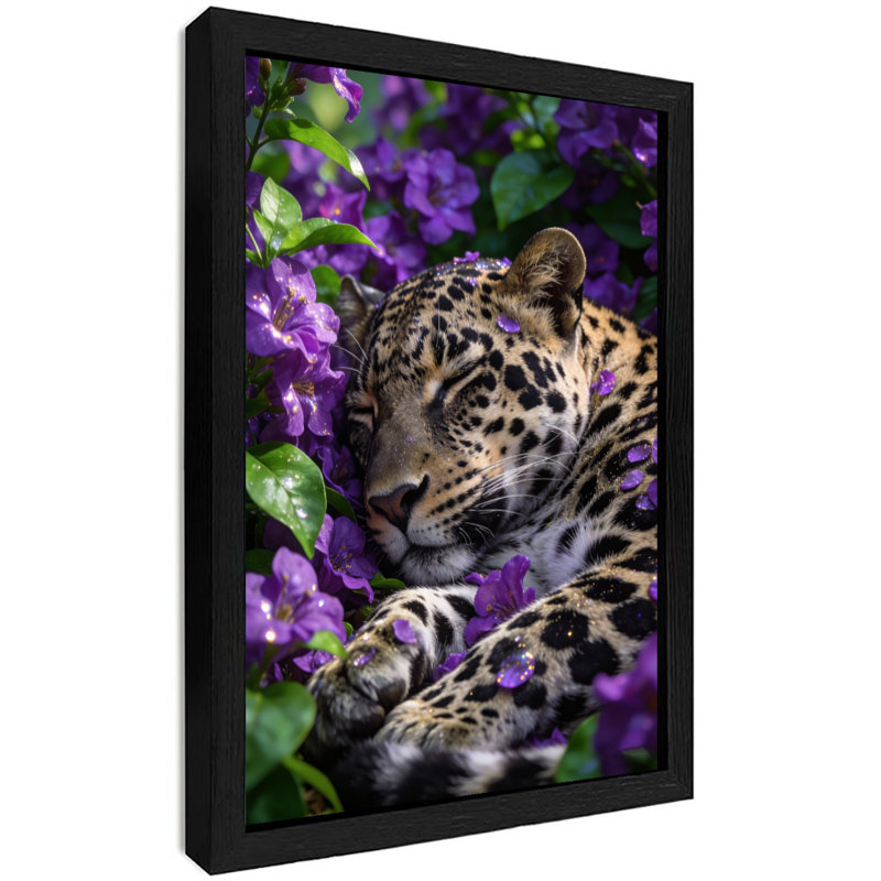 "Jaguar dans les fleurs", reproduction d'art encadrée noire, H 25 po x l 17 po