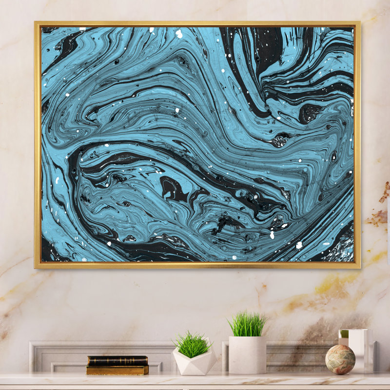 Marbre bleu - peinture sur toile, H 24 po x l 36 po x P 1 po, Cadre flottant doré