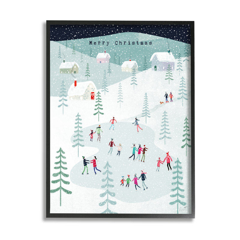 «Merry Christmas Winter Ice Skating» encadré sur bois par Andrew Thornton, impression, H 30 po x l 24 po x P 1,5 po