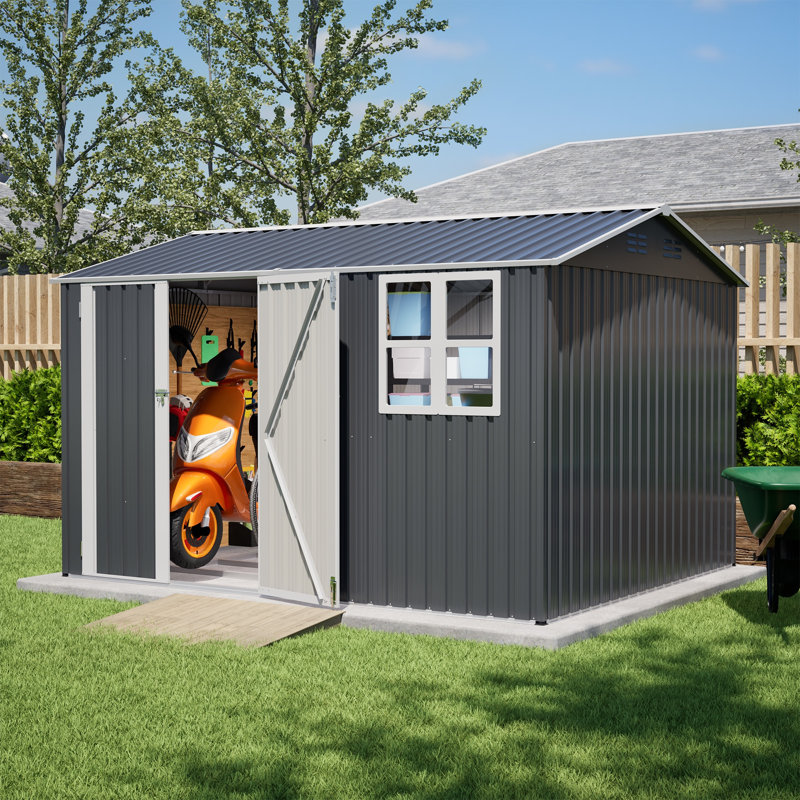[10X8 Ft Gray Outdoor Steel Storage Shed]– Clear Window & Lockable Doors | Weather-Resistant For Garden, Backyard, Patio & Utility Storage​