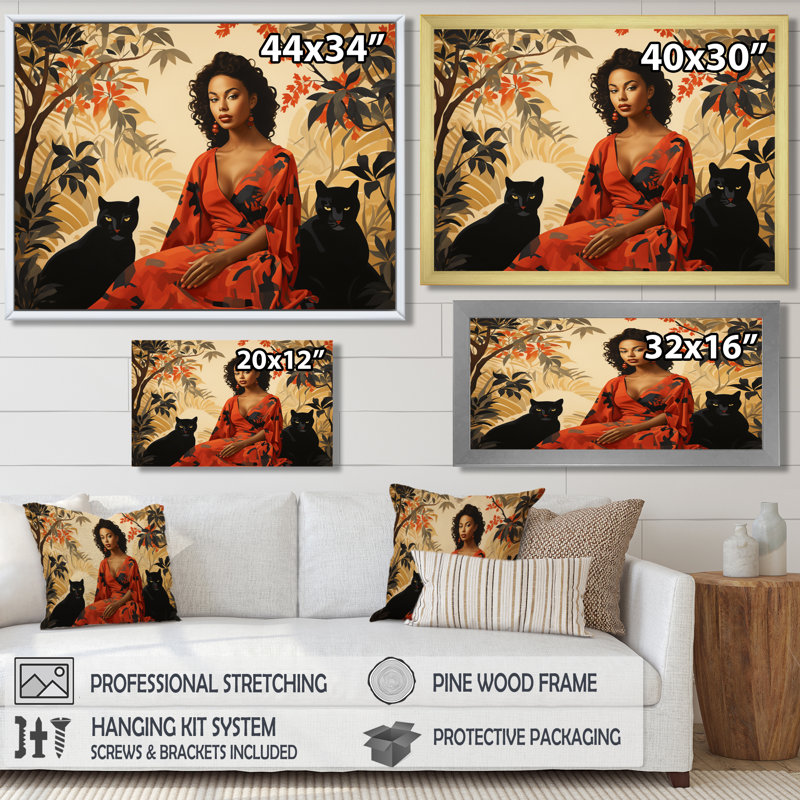 Deux panthères noires en robe rouge - art mural panthère, Toile avec cadre flottant noir, H 30 po x l 40 po x P 1,5 po