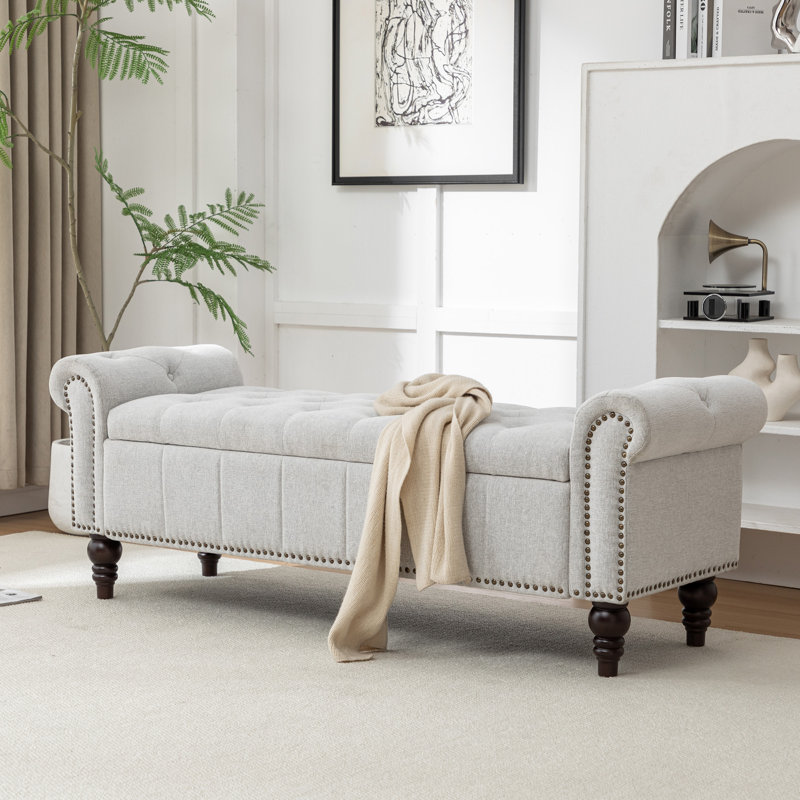 Banc rembourré de 59 po de largeur avec boîte de rangement, Beige