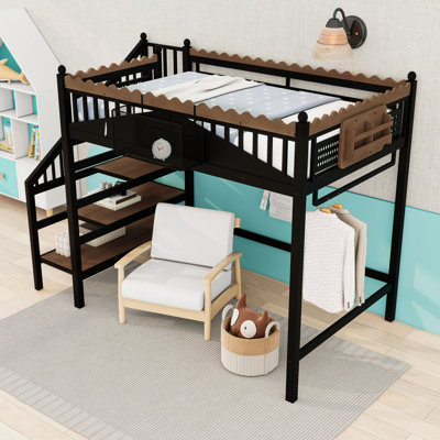 Metal Loft Bed with Storage Stairs and Shelves