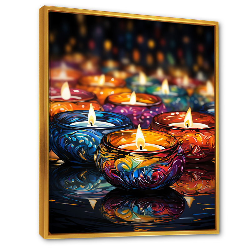 Art indien, lumières de Diwali 1 - Art mural indien, Cadre flottant doré, 20" H x 12" W
