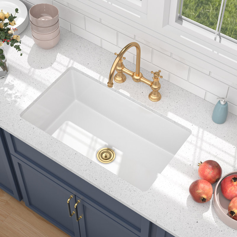 30" L x 18" W White Fireclay Undermount Kitchen Sink Single Bowl, Single Bowl, 10" H x 30" L x 18" W