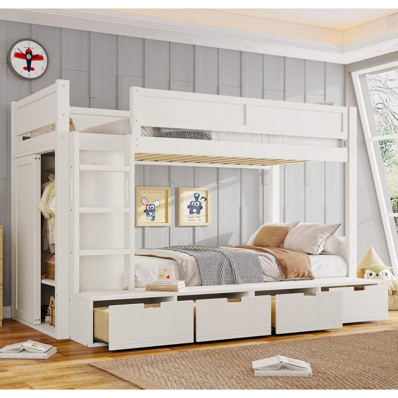 Lit superposé simple au-dessus de simple avec 4 tiroirs de rangement, lit superposé en bois massif avec garde-robe intégrée et garde-corps pleine longueur, sans sommier tapissier, ivoire