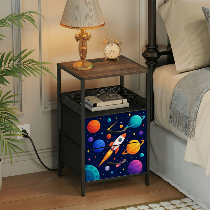 Table de chevet 2 tiroirs avec station de charge, table de chevet avec ports USB et amp; Table de chevet noire Outlets Outlet
