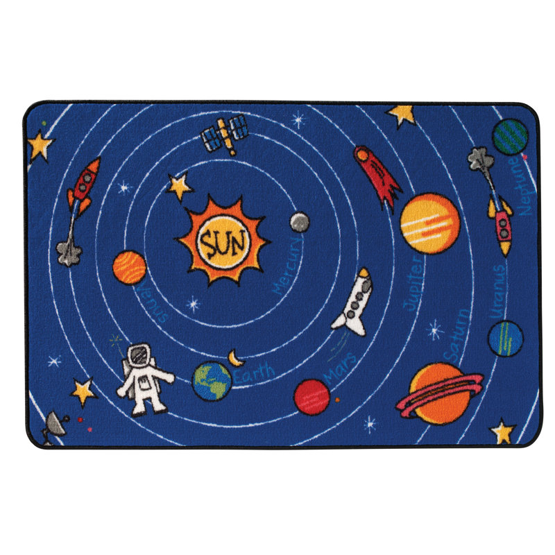 Spaced Out Machine Washable KID$ Value Rugs™ Tufted Blue Area Playroom Rug, Rectangle 4' x 6'