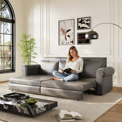 Canapé Chesterfield, canapé-lit gigogne de 238 cm, canapé-lit 3 en 1 en similicuir avec garniture cloutée et accoudoirs arrondis, canapé-lit multifonctionnel pour salon et chambre.