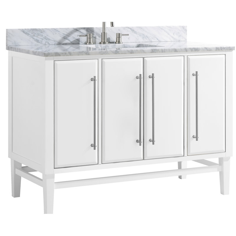 Meuble-lavabo simple 48 po avec comptoir en marbre de Carrare Ewen, Blanc de Carrare, Blanc, Argent brossé