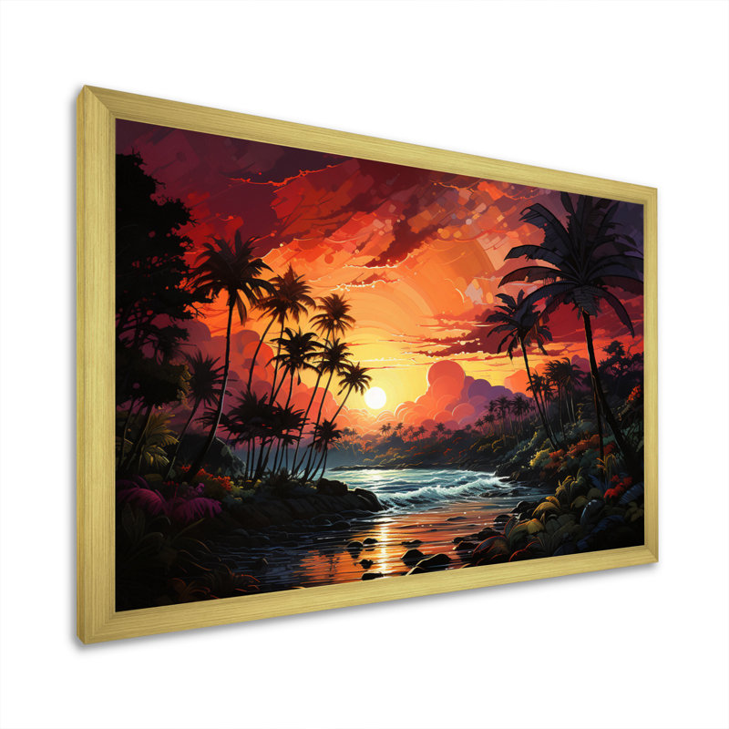 Palmiers sur un coucher de soleil coloré sur toile, H 12 po x l 20 po x P 1 po, Encadrement doré