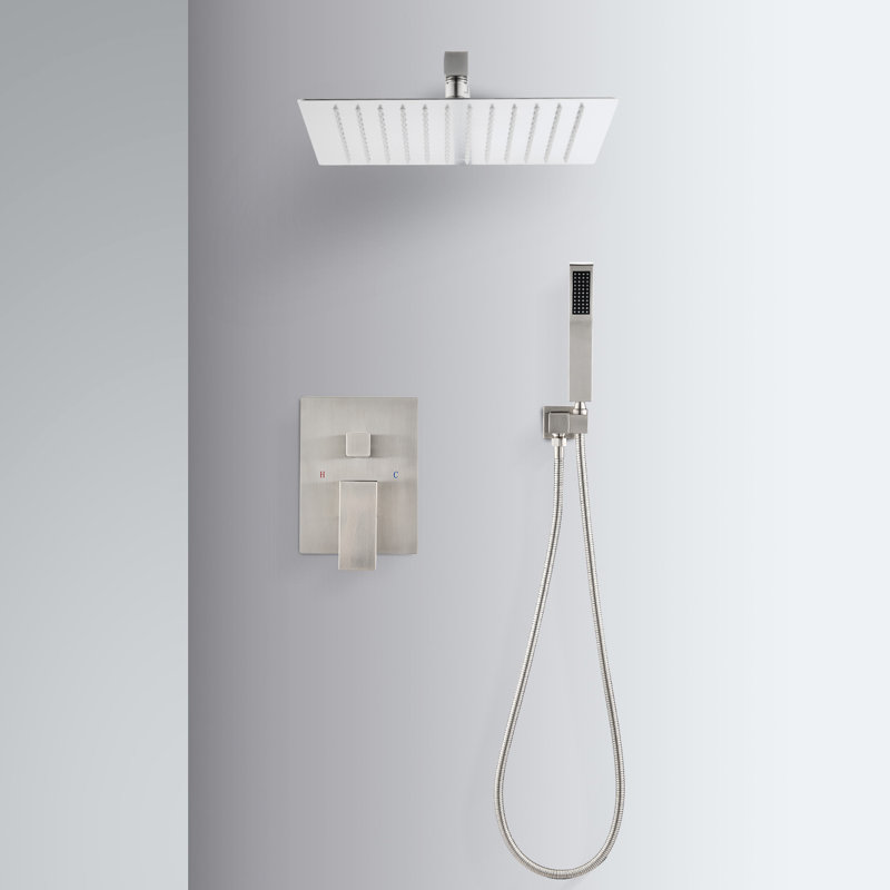 Système de pomme de douche 12 po à fixation murale - Nickel brossé, laiton, buse autonettoyante pour une eau stable et sans entraves, débit d'eau conforme à la norme American Rain