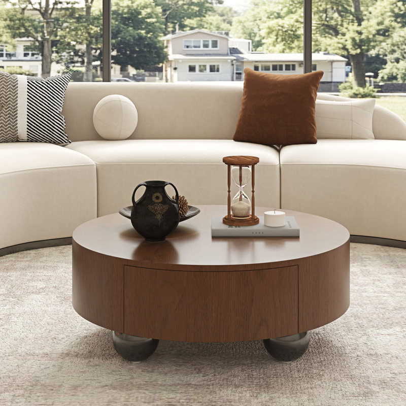 Table basse ronde en bois massif et bois aggloméré 35,43 po x 35,43 po x 14,17 po avec rangement, Walnut / Grey