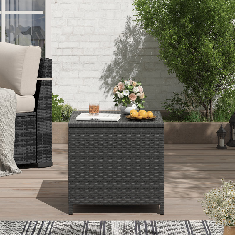  Alexandia Outdoor Square Rattan Wicker Side Table With Storage, Black
