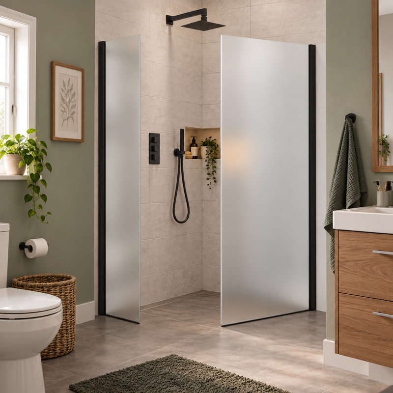 Foden Framed Fixed Glass Panel with Frosted Glass, 200cm H x 68cm W, Black