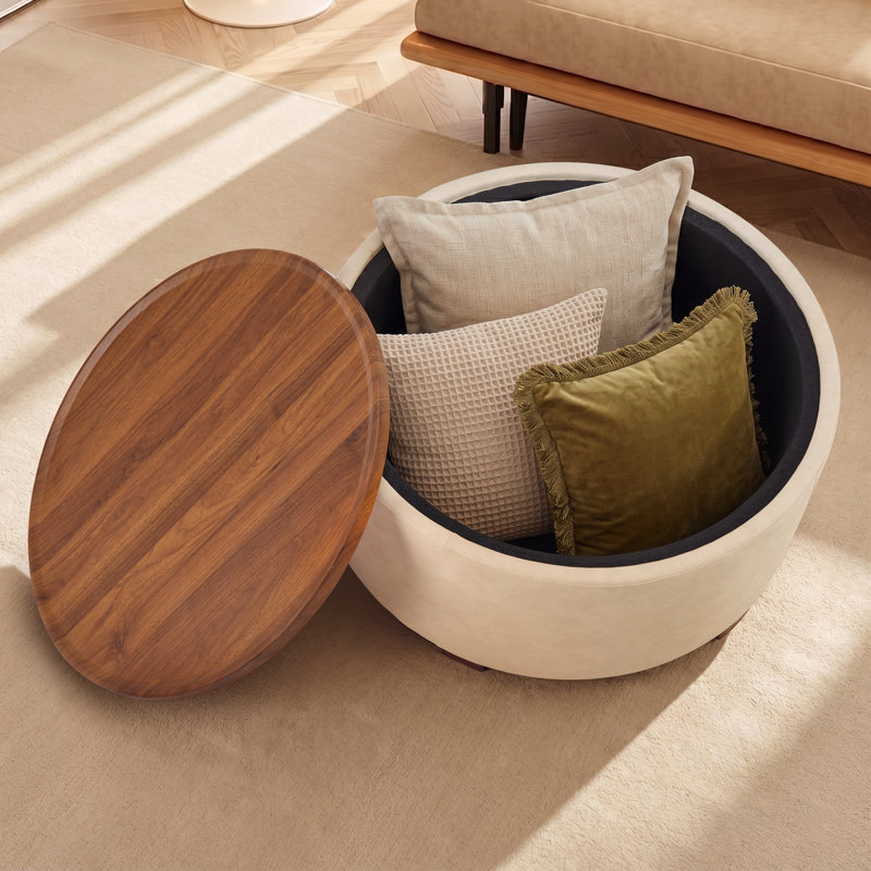 30" Round Coffee Table With Wood Tray Top and Storage, Beige, Beige