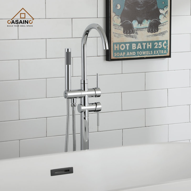 Chrome Freestanding High-Arc Tub Faucet with Hand Shower