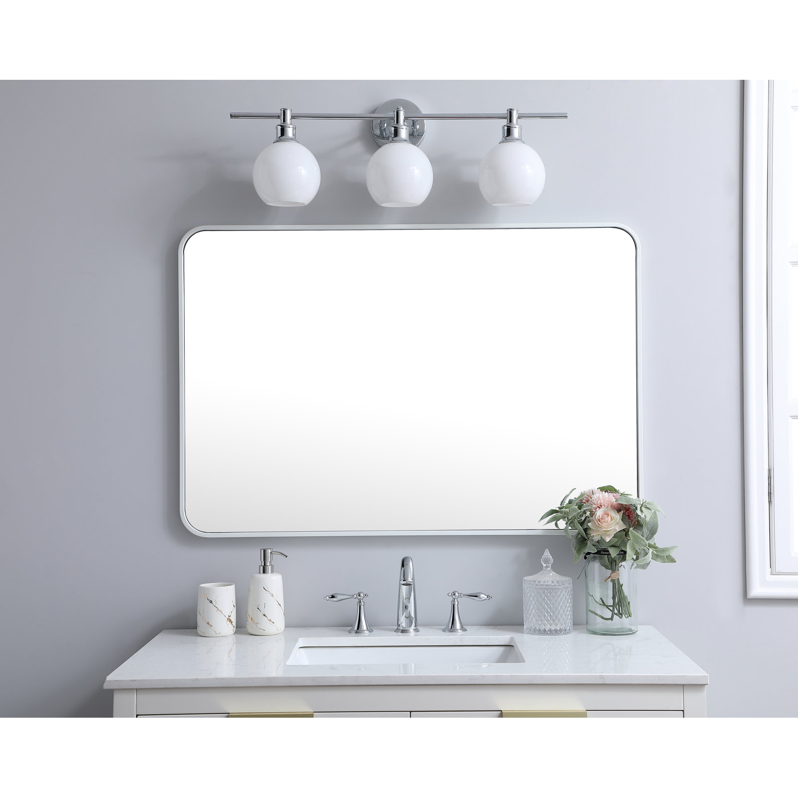 Sabine Metal Rounded Rectangle Wall Mirror, White, 40" x 27"