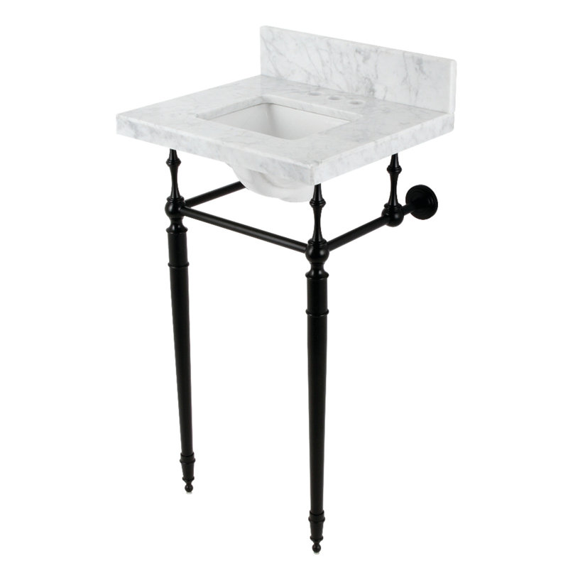 Kingston Brass Edwardian 19-Inch Carrara Marble Console Sink with Brass Legs (4-Inch, 3-Hole), Marble White/Matte Black