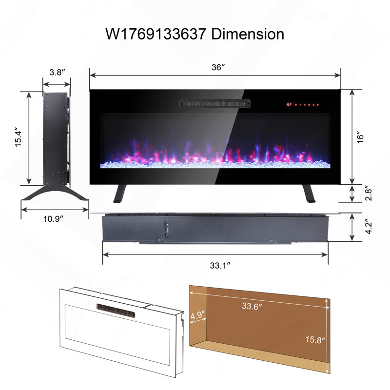 36" Recessed Ultra Thin Tempered Glass Front Wall Mounted Electric Fireplace With Remote And Multi Color Flame And Ember Bed, LED Light Heater