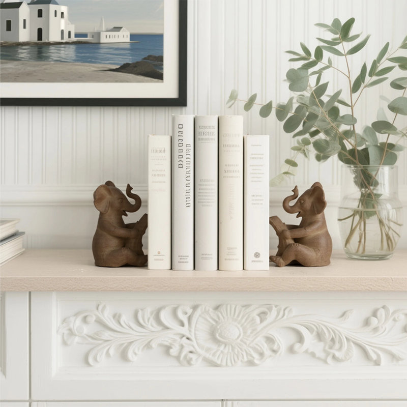 Elephant Bookends, Whimsical Animal Bookends for Decorative Bookshelf Display