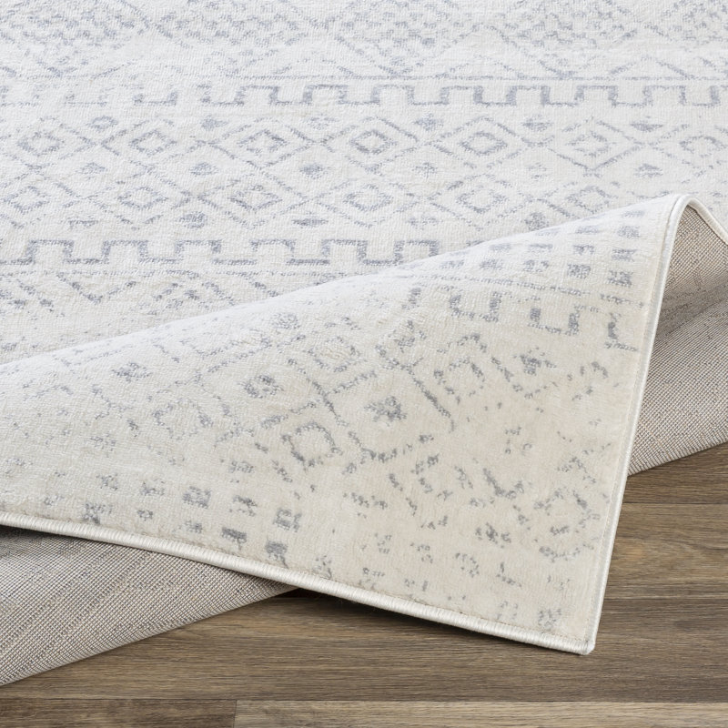 Tapis gris et ivoire tissé au métier mécanique Herrod, Carré 6 pi 7 po