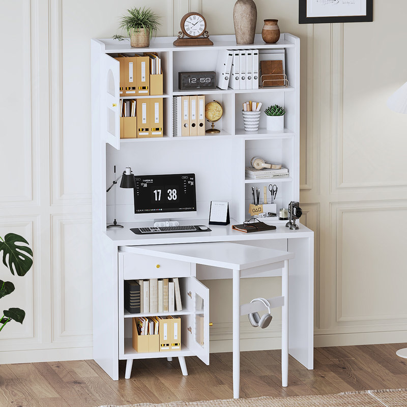 Bureau d'ordinateur avec bureau rotatif à 90 degrés, bureau avec tiroir de rangement et armoire