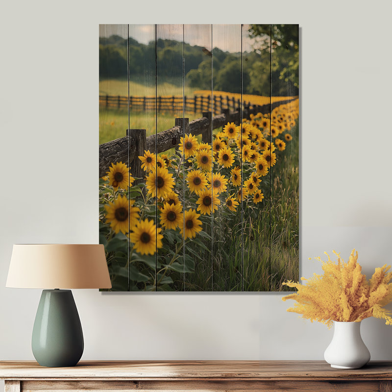 Sunflowers Garden Meadows By The Horse House - Sunflowers Wood Wall Decor - On Natural Pine Wood, 20" H x 10" W x 0.78" D