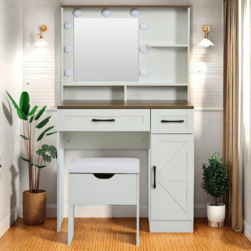 Meuble-lavabo Farmhouse avec miroir, lumières réglables et tabouret