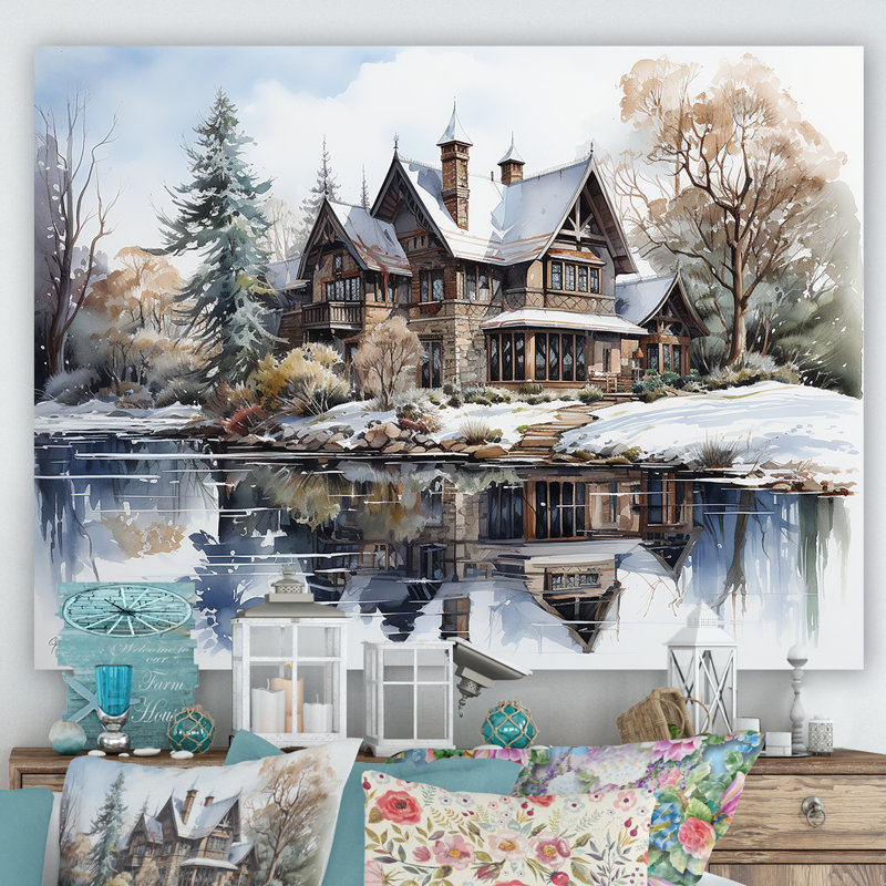 «Lakehouse In Winter Charm», reproduction sur toile, Toile tendue, H 16 po x l 32 po x P 1 po