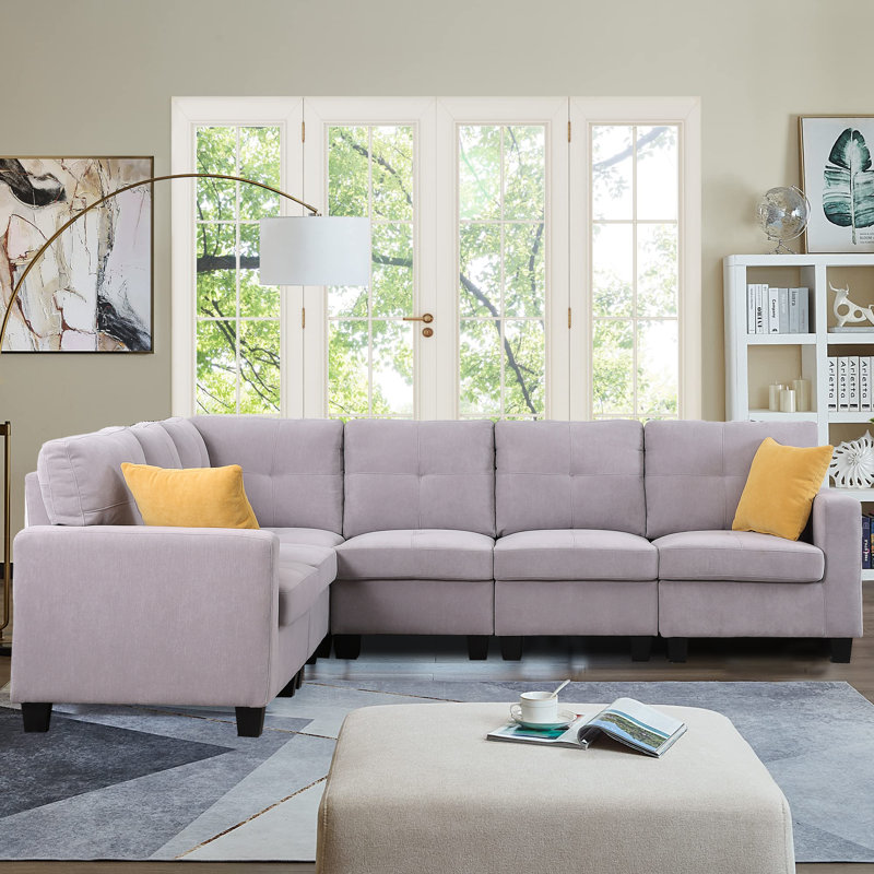 Upholstered Modern Modular Sofa, Light Gray Polyester Blend