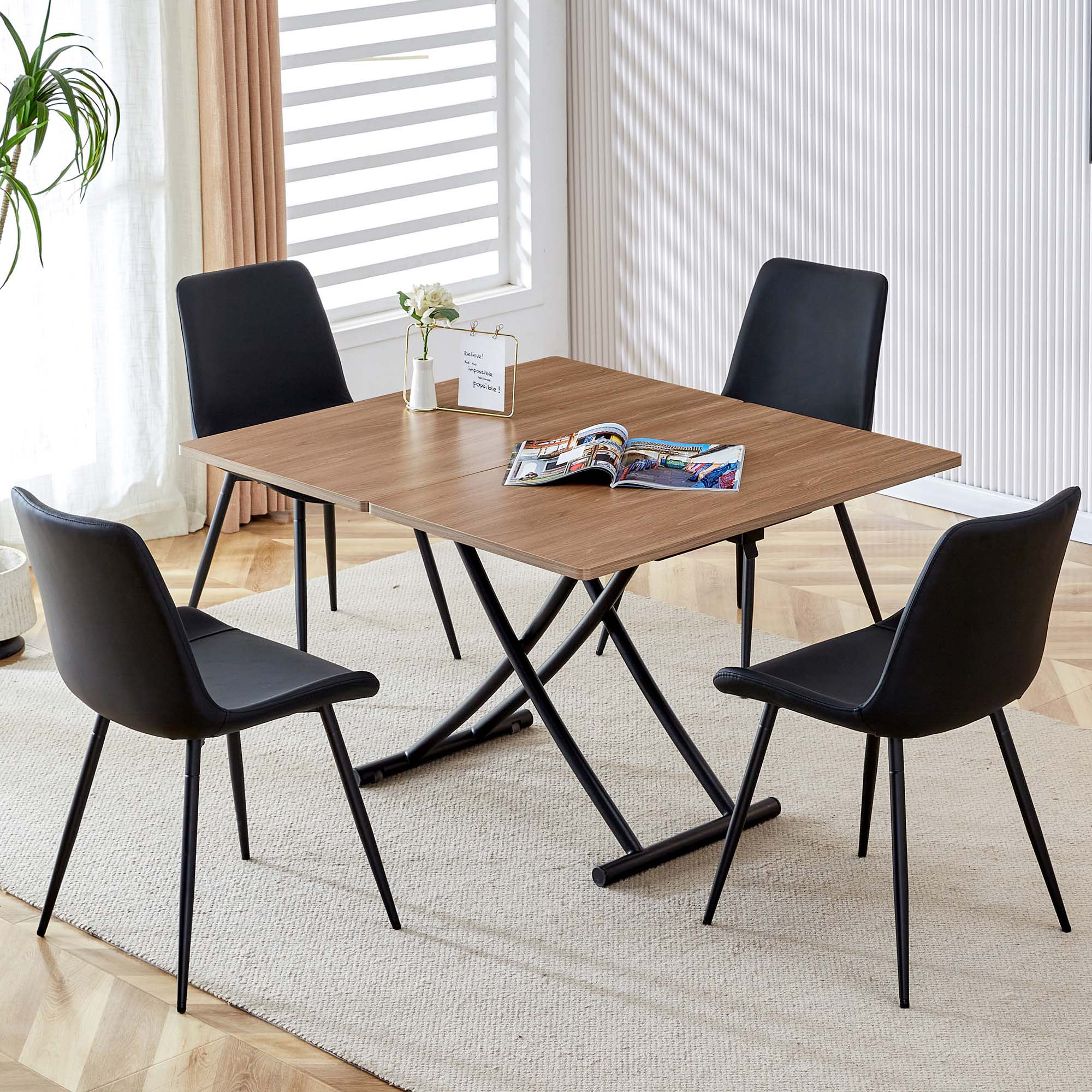 Modern Minimalist Multifunctional Lifting Table, 0.8-Inch Wood Grain Desktop, Black Metal Legs - Versatile Coffee Table, Dining Table, Office Desk, Dressing Table